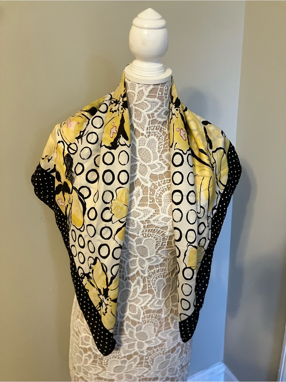 Yellow & Black Floral Polka Dot Scarf
